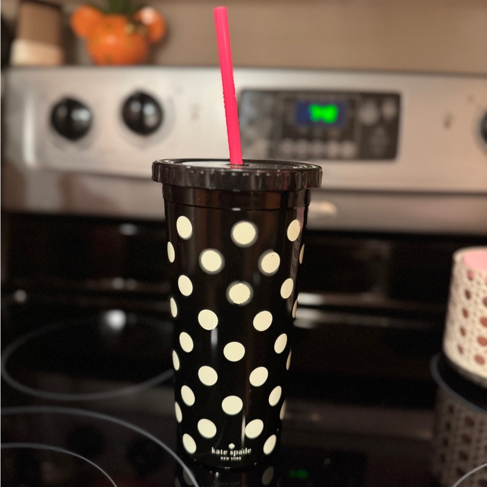 Kate Spade Black Tumbler with White Dots and Pink Straw